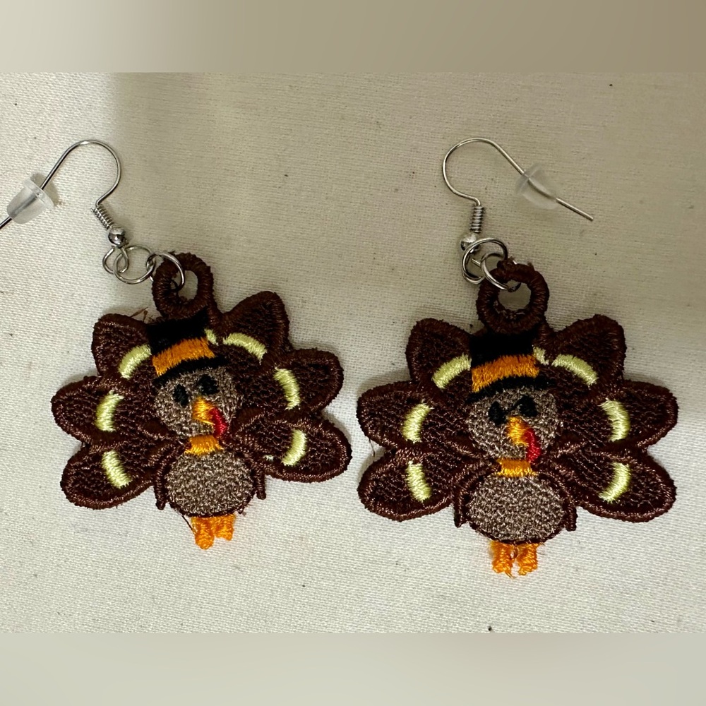 Embroidered Freestanding Lace lightweight Turkey Shaped Earrings.